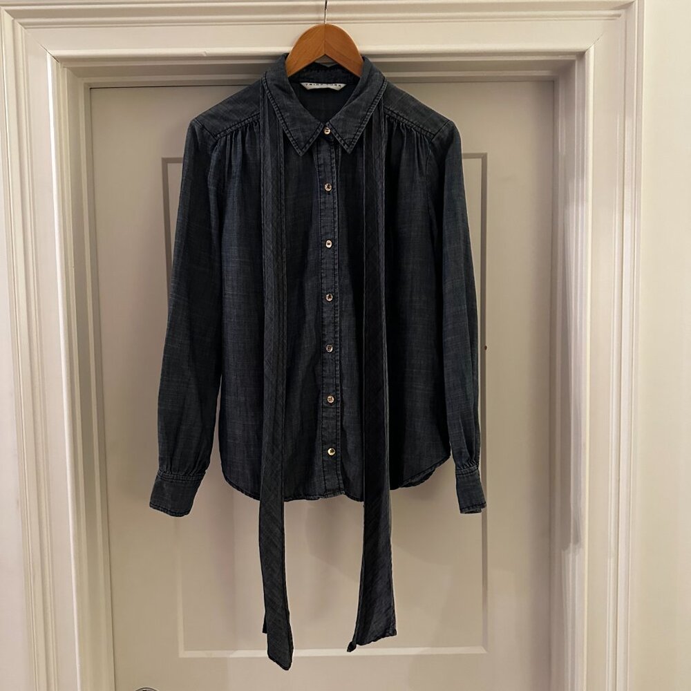 Trina Turk Deep Denim Shirt with Neck Ties - Size Large- Barely Worn - Picture 2 of 8